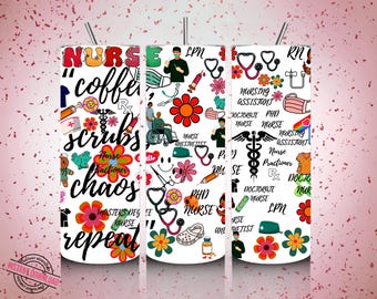 Krankenschwester Kaffee Scrubs Chaos Wiederholung PNG | Tumbler Wrap Design (Instant Download)
