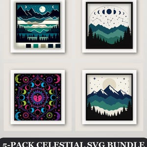 May include: A 5-pack celestial SVG bundle featuring four square digital illustrations. Designs include mountain landscapes with moon phases, starry skies, pine forests, and a vibrant sun mandala with colorful crescent moons and stars.