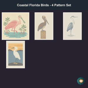 May include: A set of four patterns titled Coastal Florida Birds - 4 Pattern Set. The images feature a pink roseate spoonbill in water, a brown pelican on a wooden post, a grey heron in shallow water, and a white egret near a body of water.
