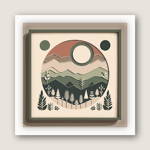 May include: A square framed wall art piece featuring a layered paper-cut style landscape. The design depicts a circular scene with overlapping mountain ranges in shades of terracotta, sage, and dark green, a pale sun, and a forest of stylized trees.