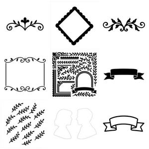 Op de afbeelding: Een verzameling zwart-wit digitale grafische elementen, waaronder diverse kaders, decoratieve randen, florale versieringen, banners, een cirkelvormige bladerkrans en twee silhouetten van hoofden die naar elkaar toe zijn gericht.