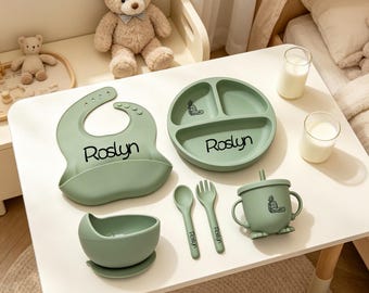 名入れ可能なシリコン製ベビー食器セット（6点セット）、カスタムネーム入りベビーギフト