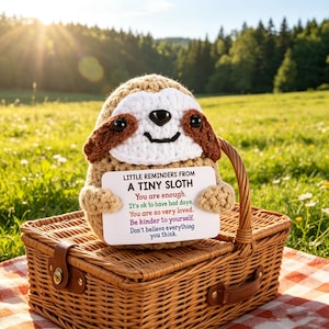 May include: A crocheted sloth figurine holding a sign with positive affirmations, placed on a wicker basket with a red and white checkered picnic blanket. The sign reads: "Little Reminders From A Tiny Sloth". The background is a sunny meadow.
