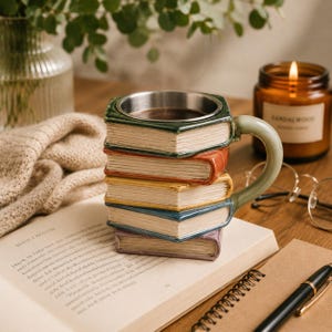 May include: A unique coffee mug shaped like a stack of colorful books. The mug has a stainless steel interior and a green handle. The books are painted in various colors, including green, orange, yellow, blue, and purple. A lit candle and eyeglasses are in the background.