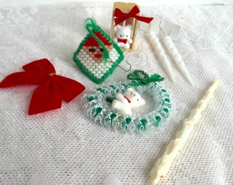 Vintage Christmas Tree Ornaments / Felted Bears Plastic Icicles Diamond Santa Set