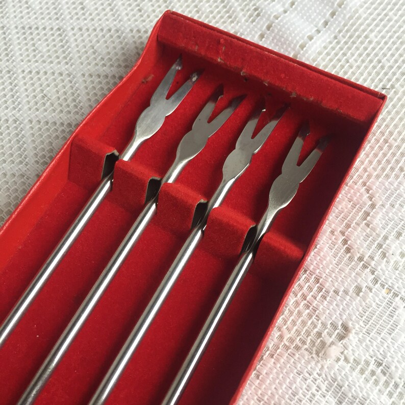 Stainless Steel Fondue Fork Set Vintage Boxed Set of Fondue Forks with Plastic Handles Made in Japan
