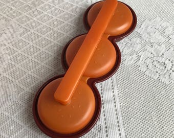 Vintage Plastic Condiment Caddy  / Orange and Brown Hamburger Shaped Ketchup and Mustard Holder