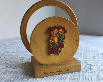 Vintage Wooden Napkin Holder / San Bernardino  California Souvenir / Cowboy and Cowgirl Napkin Holder