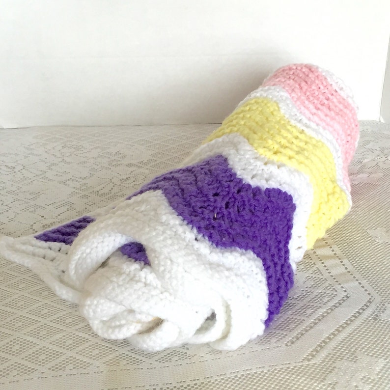 CIJ SaleVintage Afghan Baby Blanket Hand Knit Throw in Pink Yellow Purple and White
