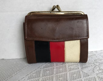Leather Change Purse /  Vintage Red White and Blue Stripe Wallet Made in Japan