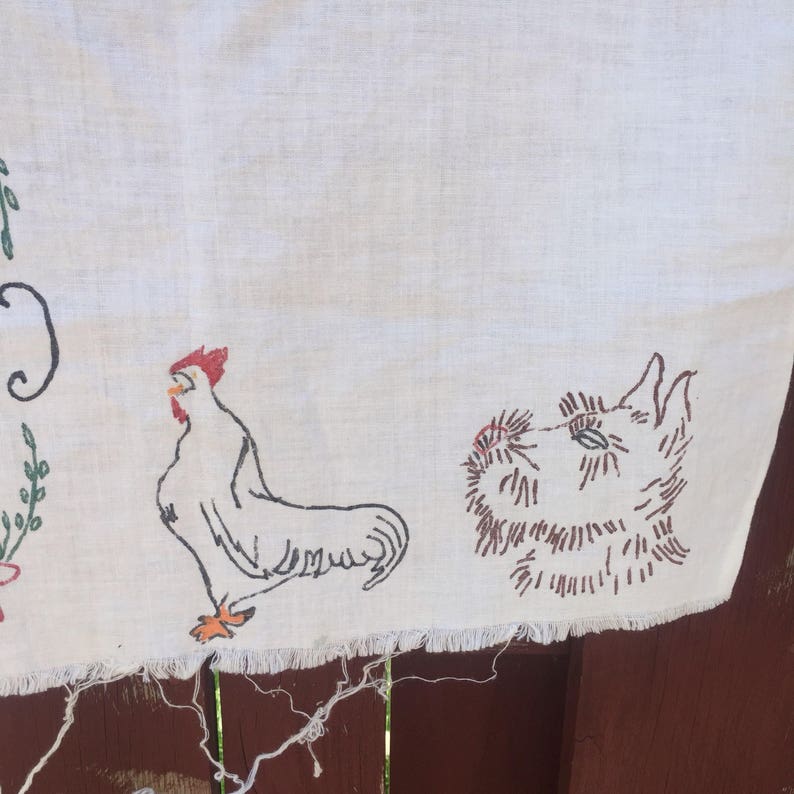 Rustic Tea Towel or Dust Cover / Vintage Linen Printed Cloth / Chicken and Dog Towel image 5