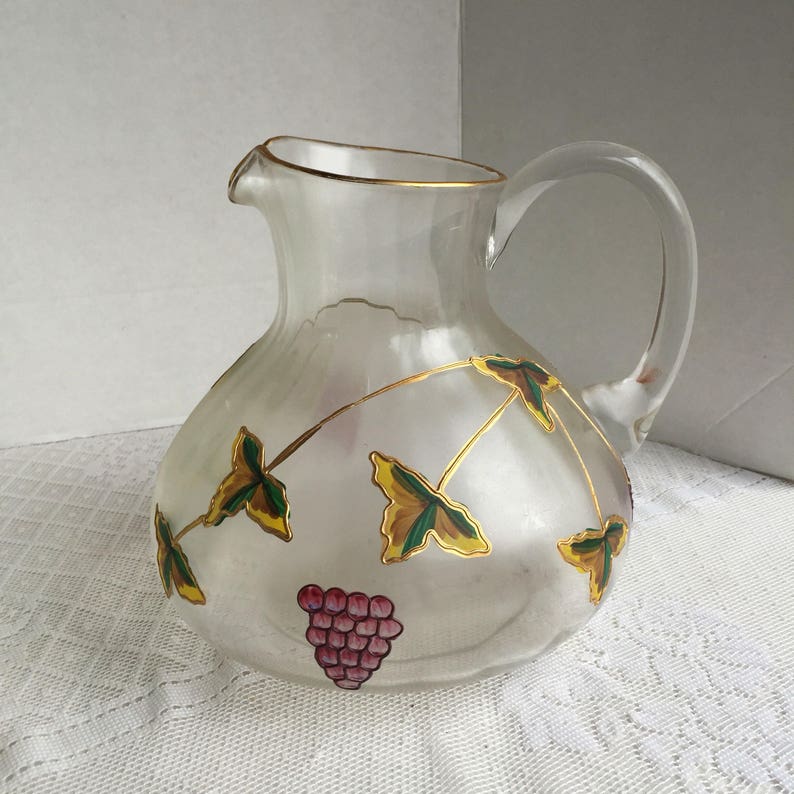 Vintage Glass Iced Tea Pitcher Hand Painted Clear Glassware Image 0