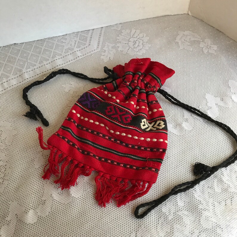 Vintage Drawstring Purse / Hand Woven Red Boho Bag / Hand Made Etsy