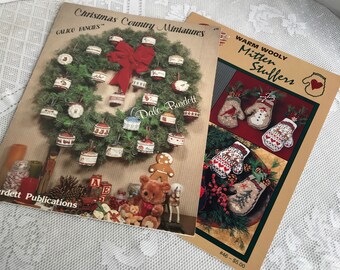 Vintage Cross Stitch Christmas Patterns / Warm Wooly Mitten Stuffers Copyright 1994 / Christmas Country Miniatures Copyright 1983