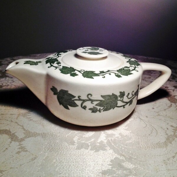 Vintage English Ivy Ceramic Teapot Royal USA White China with Green Ivy