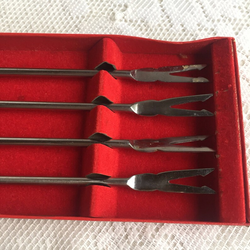 Stainless Steel Fondue Fork Set Vintage Boxed Set of Fondue Forks with Plastic Handles Made in Japan