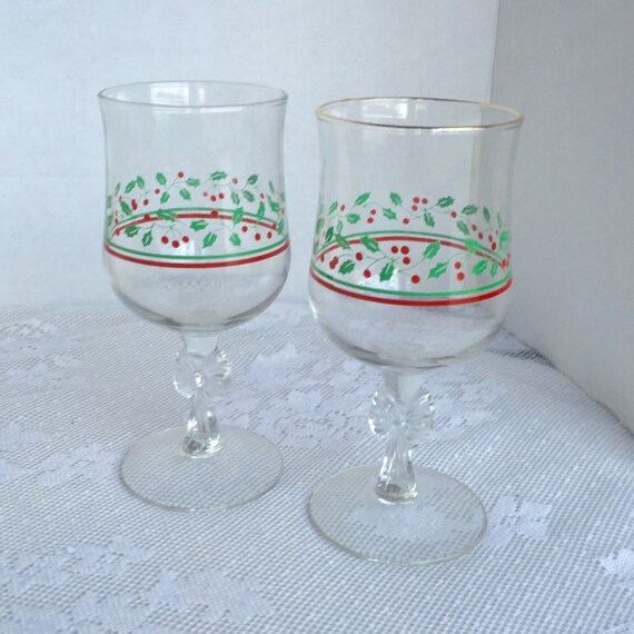 Sale Vintage Christmas Wine Glasses / Holly Berry Red and Etsy