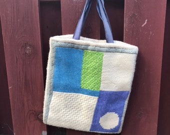 Knit Handmade Tote Bag / Vintage Wool Handbag with Geometric Patterns