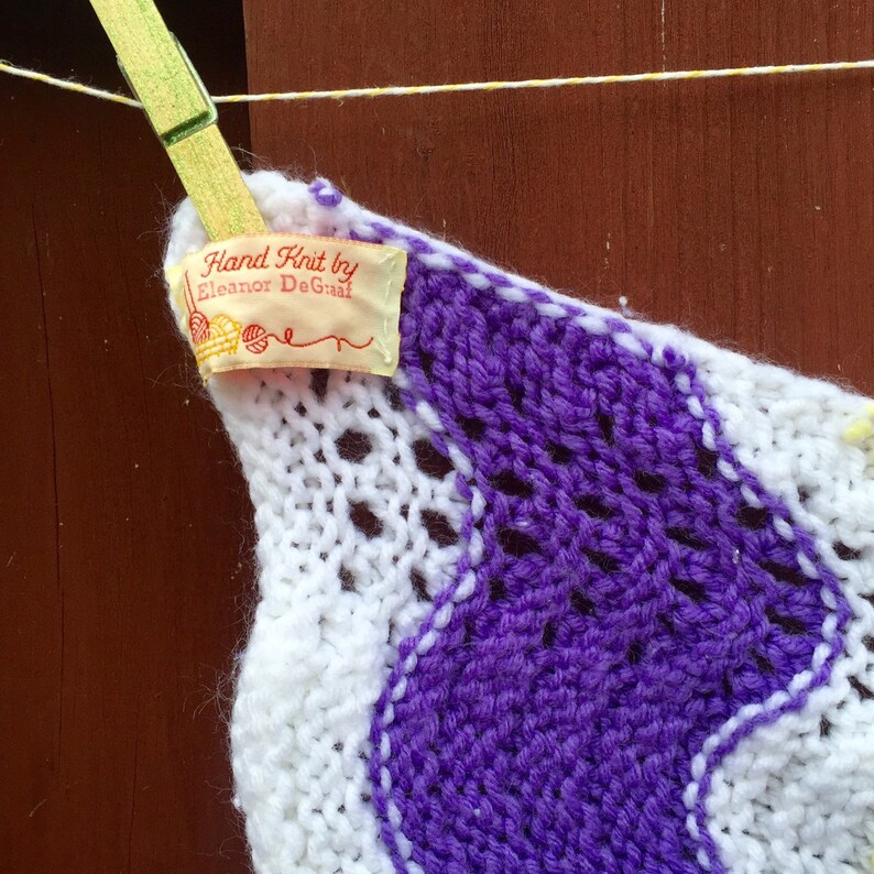 CIJ SaleVintage Afghan Baby Blanket Hand Knit Throw in Pink Yellow Purple and White