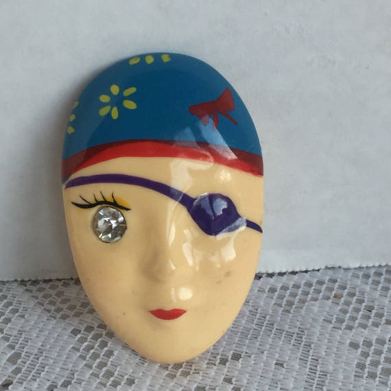 Sale Vintage Plastic Head Pin / Rhinestone Eye Pirate Brooch / | Etsy