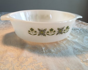 Vintage Fire King Green Meadow One Quart Casserole Dish / Anchor Hocking Glass Ovenware