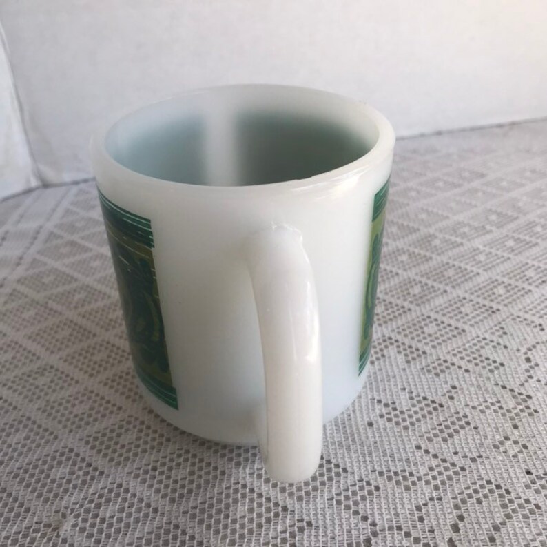 Glasbake Vintage Milk Glass Coffee Cup With Green and Blue Etsy