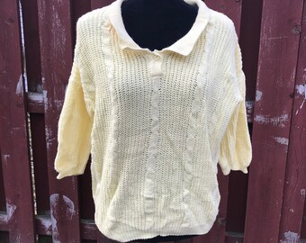 Gitano Plus Size Vintage Yellow Cotton Sweater /  Size Extra Large Pullover with Short Sleeves / 80s Sweater