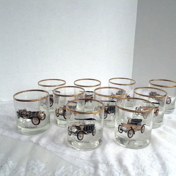 Vintage Black and Gold Glassware / Antique Cars Scotch Glasses / Cadillac Chevrolet Ford Oldsmobile Pierce Arrow and Chadwick