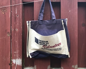 Vintage Canvas Tote Bag  / Ingham Medical Center Volunteer Bag / Blue and White Michigan Bag