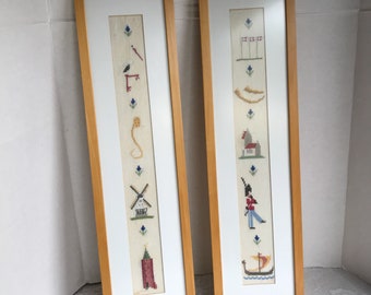 Sale Vintage Cross Stitch Wall Hangings / Hand Embroidered Artwork Made in Denmark