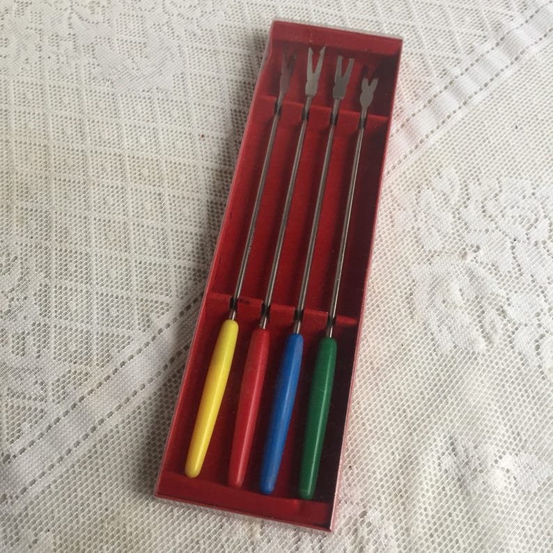 Stainless Steel Fondue Fork Set Vintage Boxed Set of Fondue Forks with Plastic Handles Made in Japan