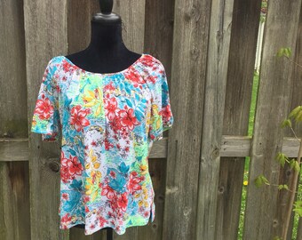 Vintage Tropical Print Polyester Blouse Size Large by Cathy Daniels