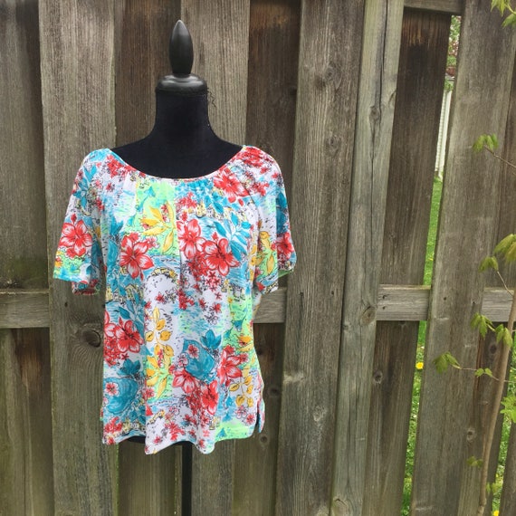 Vintage Tropical Print Polyester Blouse Size Large by Cathy | Etsy