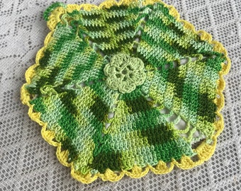 Vintage Hand Stitched Crochet Hot Pad in Green and Yellow / Vintage Potholder Kitchen Decor