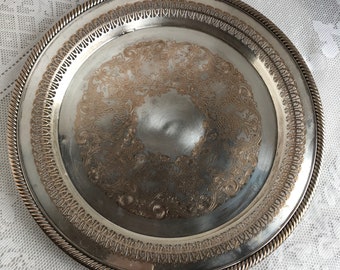 Vintage Punched Aluminum Serving Platter / Decorative Metal Barware Tray