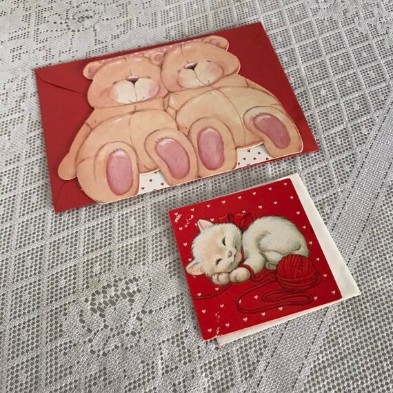 Sale Vintage Valentine\u0027s Day Cards and Envelopes / White Kitten Card / Teddy Bear Card
