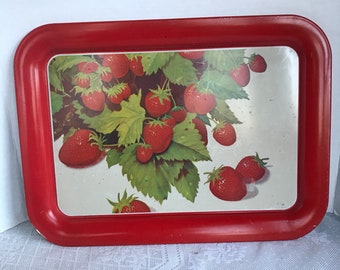 Sale Vintage Red and White Strawberry Tin Serving Tray / Rectangular Metal Tray with Strawberries