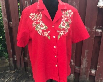 Red Medium Petite Button Down Top Embroidered