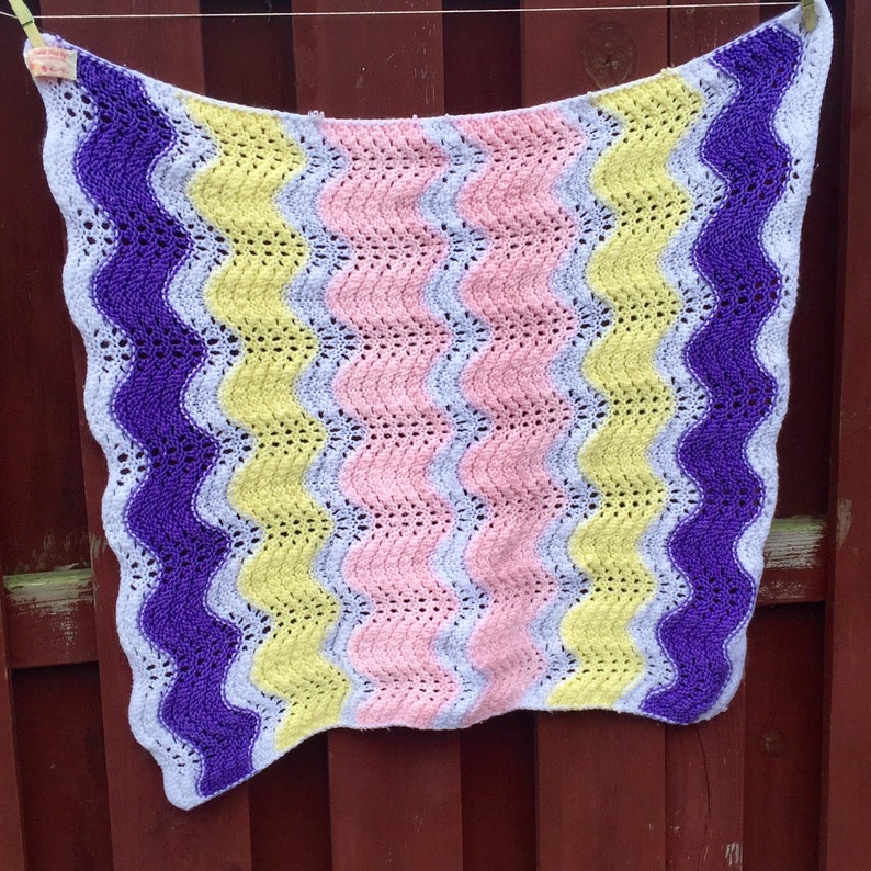 CIJ SaleVintage Afghan Baby Blanket Hand Knit Throw in Pink Yellow Purple and White