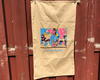 Vintage Don't Worry Be Happy Laundry Bag  / 80's Canvas Camp Bag from New Humor Mtg Co