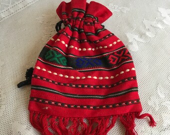 Vintage Drawstring Purse / Hand Woven Red Boho Bag / Hand Made Hippie Handbag