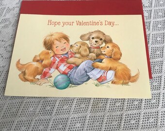 Vintage Hallmark Valentine's Day Card and Envelope / Little Boy with Puppies Valentine / Valentine for Veterinarians, Moms