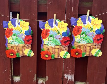 Posters vintage Joyeuses Pâques : oeufs de Pâques et corbeille de fleurs par Eureka / Décoration de salle de classe Fabriqué aux États-Unis