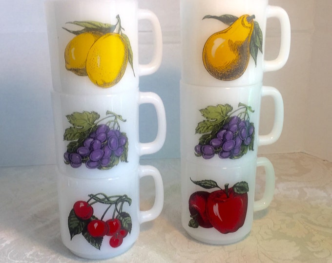 Vintage Fruit Coffee Mugs by Glasbake / White Milk Glass Stacking Cups