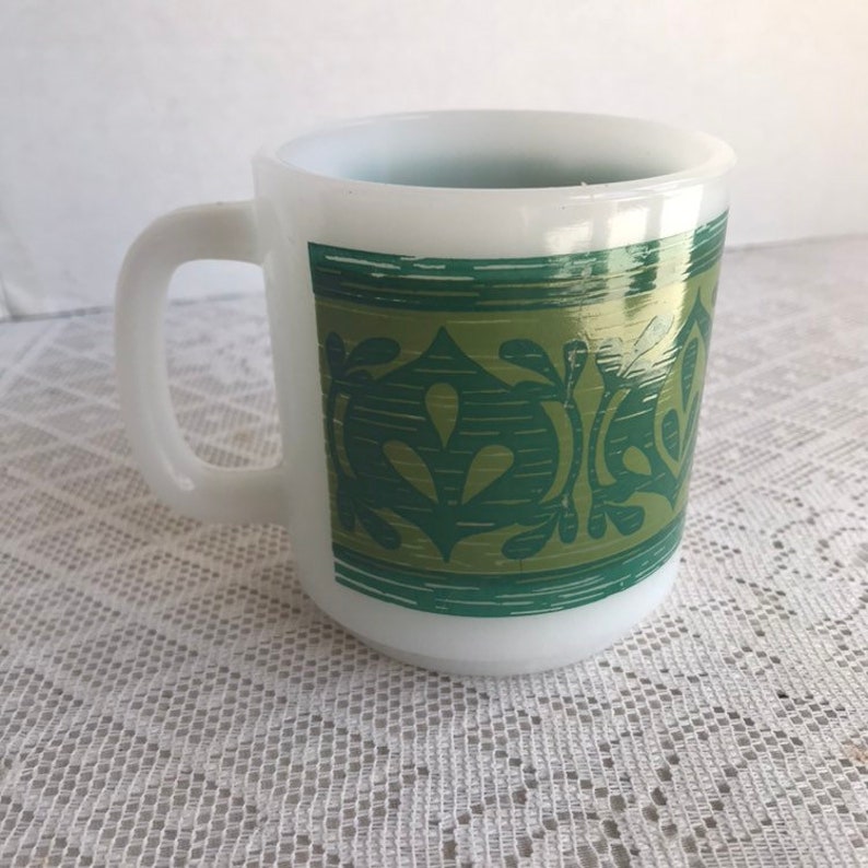 Glasbake Vintage Milk Glass Coffee Cup With Green and Blue Etsy