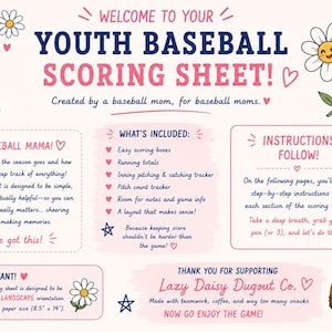 May include: Youth baseball scoring sheet with a blue and pink baseball cap graphic. The sheet includes easy scoring boxes, running totals, and a pitch count tracker. The text reads "Welcome to your Youth Baseball Scoring Sheet!"