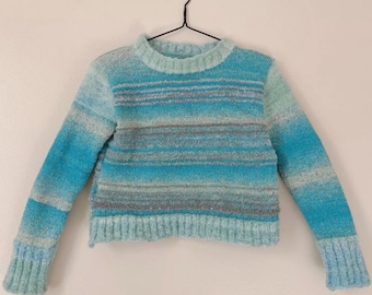 Blue mint silver striped pullover sweater, segment dyed ombre yarn with sparkly thread