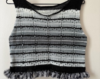 Handmade Black and White Striped Knit Vest, Beaded Cut-Out with Fluffy Hem, Unique Women's Wear