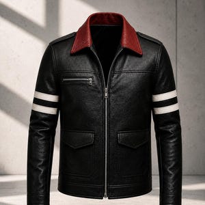 May include: A black leather jacket featuring a contrasting red collar, a central silver zip, and two white horizontal stripes on each sleeve. The jacket includes a zipped chest pocket, two flap pockets at the waist, and the text ZAYRO STUDIO.