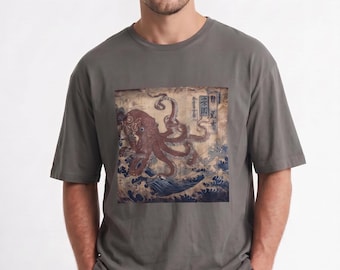 Organic Cotton Ukiyo-e Octopus and Wave T-Shirt |Hokusai Japanese Art Tee